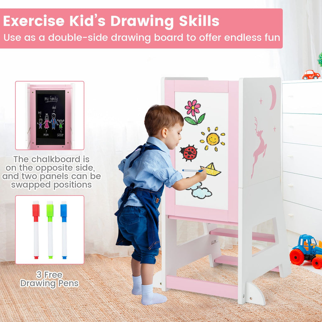 SEDOL 3-in-1 Montessori Learning Tower with Double-Sided Chalkboard & Whiteboard – Height-Adjustable Kitchen Helper Stool with Safety Rails and Anti-Tip Base