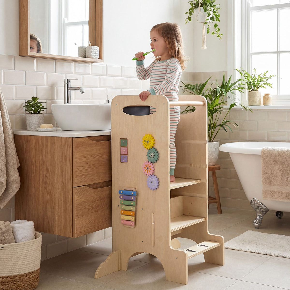 SEDOL 4-in-1 Montessori "Discovery Center" Learning Tower — Convertible Kitchen Helper Stool with Integrated Slide, High Chair, and 6-Feature Sensory Activity Station