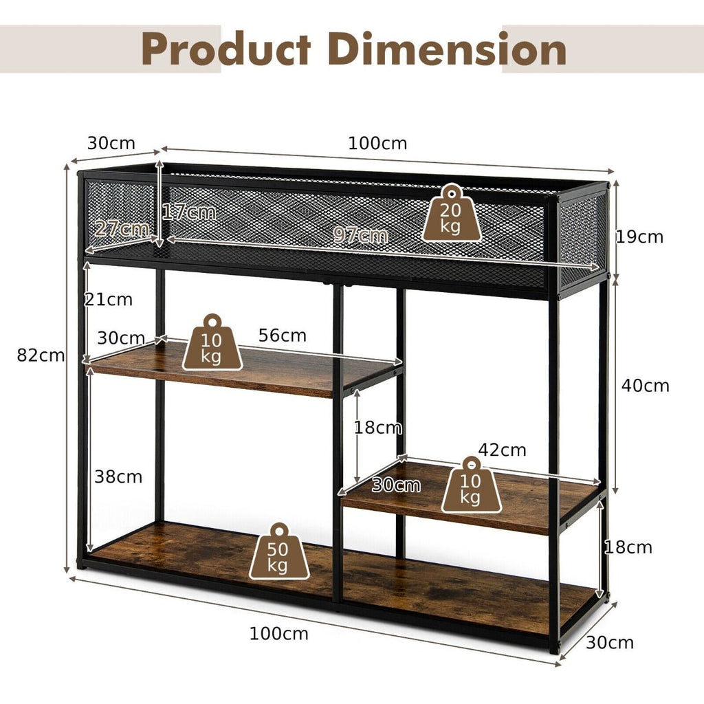 4-Tier Console Table with Wire Basket and Storage Shelves