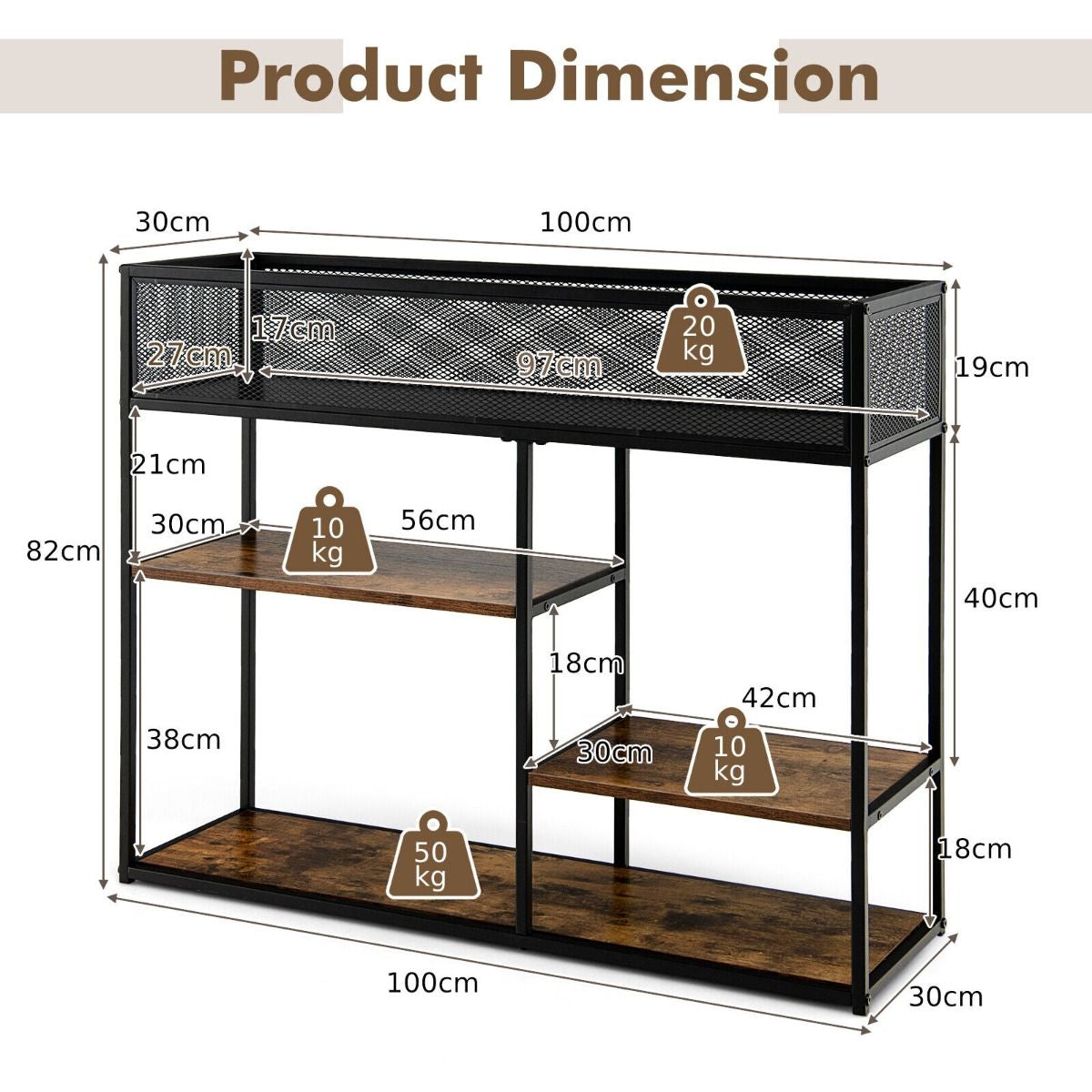4-Tier Console Table with Wire Basket and Storage Shelves