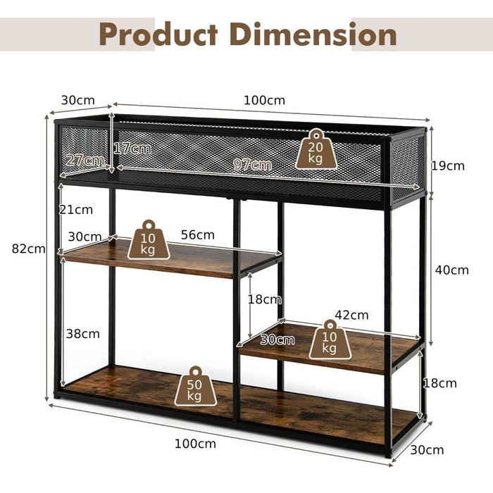 4-Tier Console Table with Wire Basket and Storage Shelves