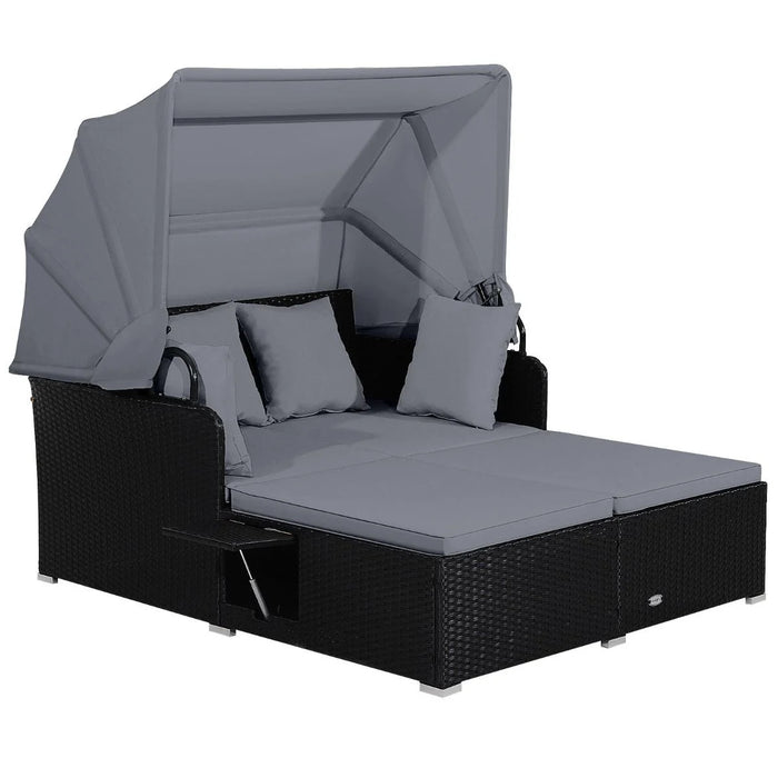 Rattan Daybed with Retractable Canopy, Cushions & Side Trays