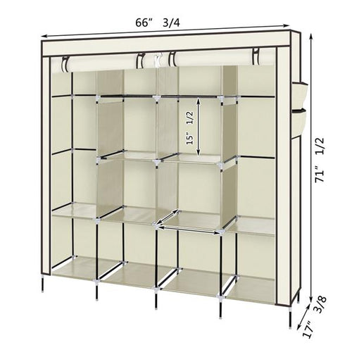 67" Portable Clothes Wardrobe – 12-Shelf Fabric Closet Organiser (Beige)