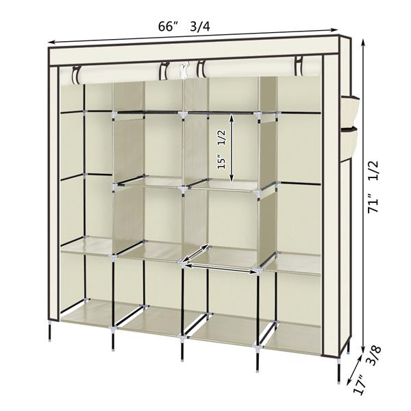 67" Portable Clothes Wardrobe – 12-Shelf Fabric Closet Organiser (Beige)