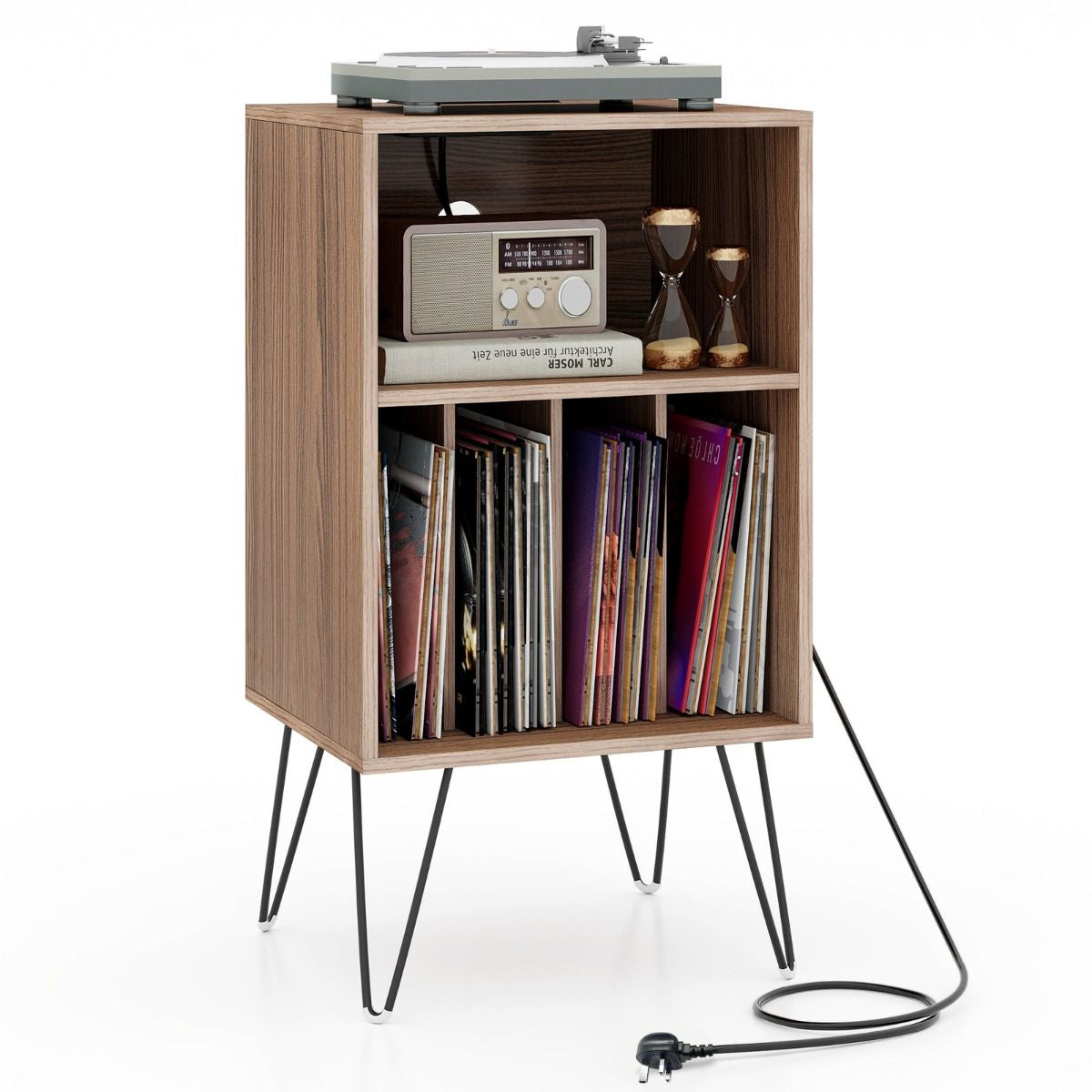 3-Tier Record Player Stand with Charging Station Shelf and 4 Dividers