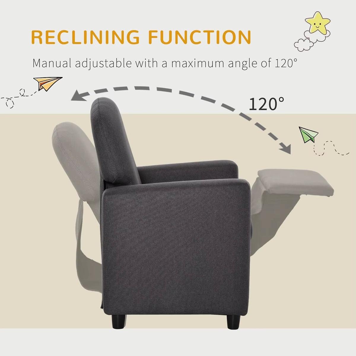 SEDOL Kids Recliner Armchair with Integrated Footrest 2-in-1 Children’s Sofa Lounger with Breathable Linen Fabric and Solid Wood Frame for Playroom & Bedroom