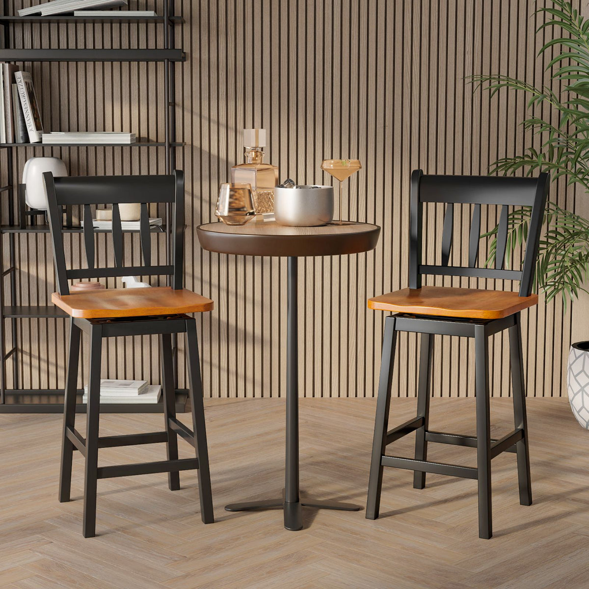 Set of 2 97Cm Swivel Rubber Wood Bar Stools with Backrest and Footrest