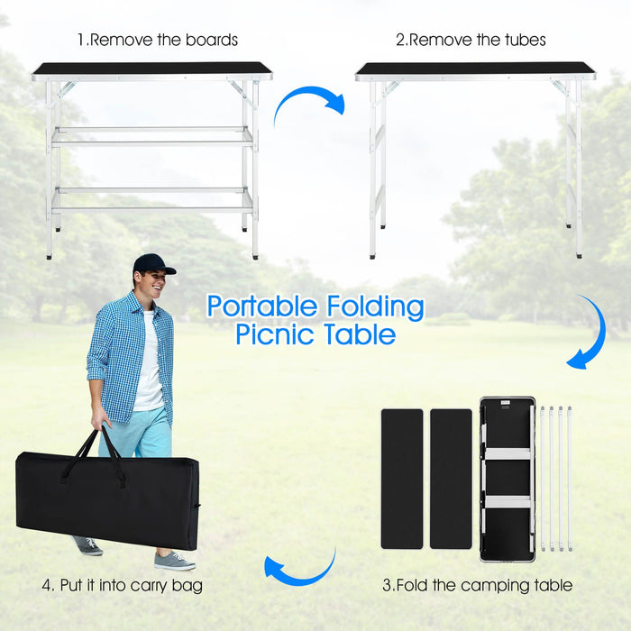 Aluminum Lightweight Folding Picnic Table with 2-Tier Shelves and Carrying Bag