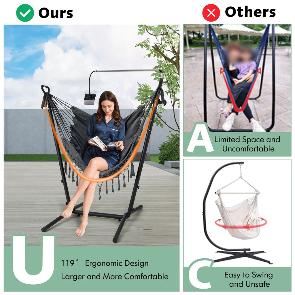 Hammock Chair with Stand – Adjustable Height, Phone Holder & Boho Tassels