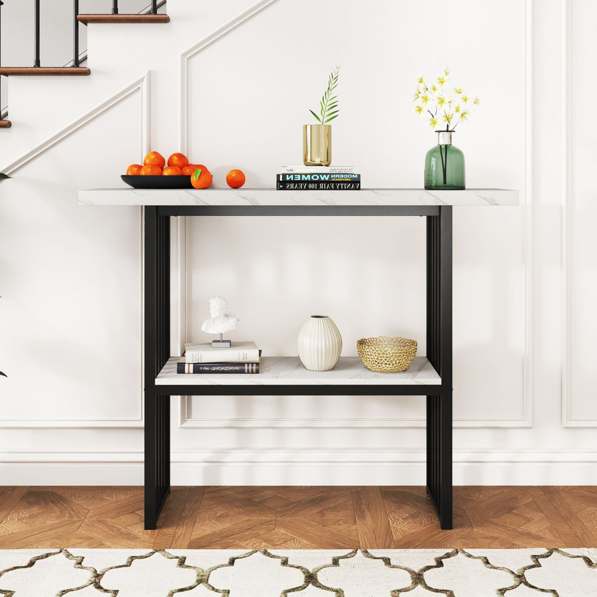 2-Tier Faux Marble Console Table for Entryway Living Room Bedroom