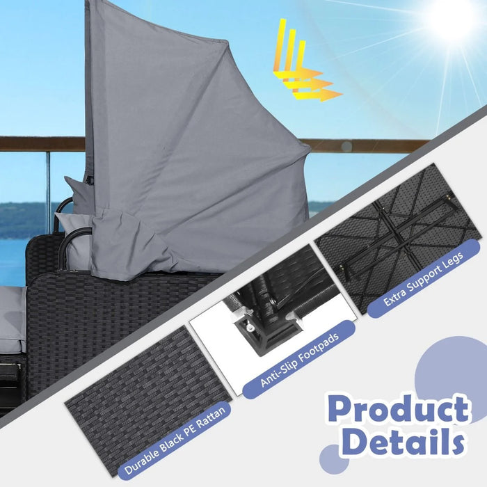Rattan Daybed with Retractable Canopy, Cushions & Side Trays
