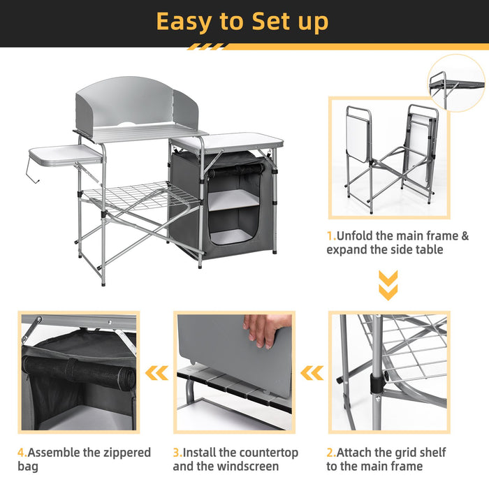 Camping Kitchen Table with Storage & Windscreen – Folding BBQ & Prep Station
