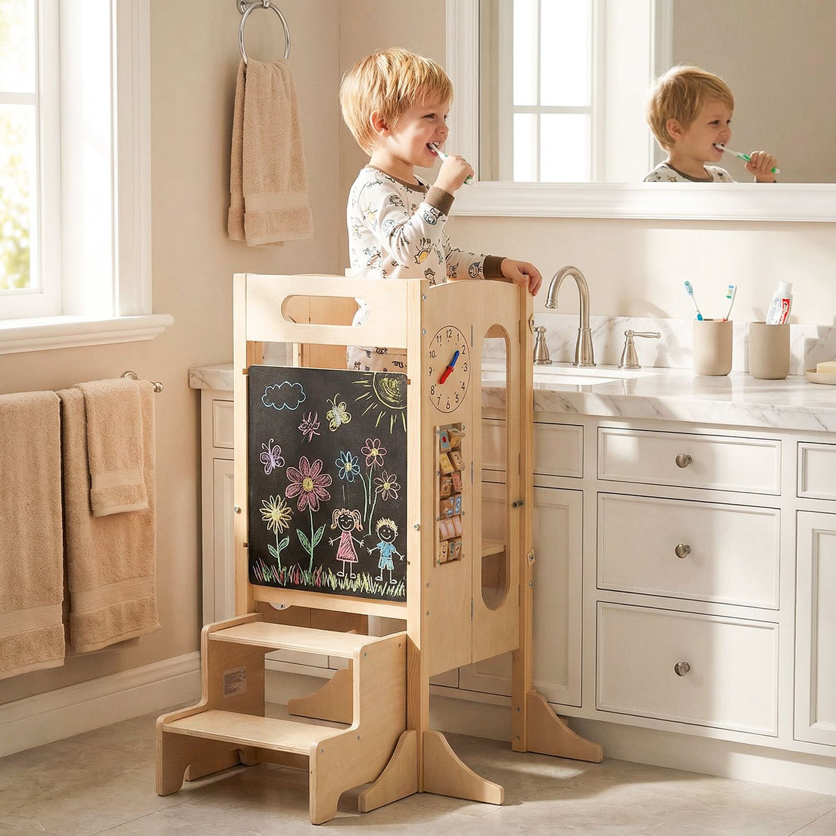SEDOL 4-in-1 Folding Montessori Learning Tower & Sensory Activity Station — Convertible Kitchen Helper Stool with Art Easel, Step Stool, and Detachable Safety Net