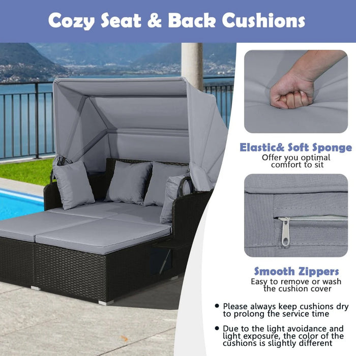 Rattan Daybed with Retractable Canopy, Cushions & Side Trays