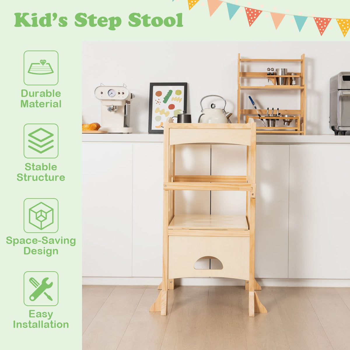 SEDOL Folding Montessori Learning Tower for Toddlers Space-Saving Height Adjustable Kitchen Helper Stool with Safety Latches and Full-Surround Guardrails