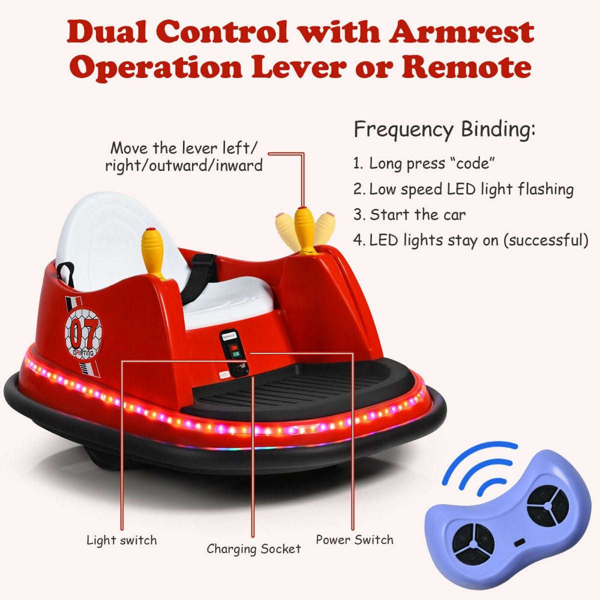 SEDOL Kids 6V Electric Bumper Car for Toddlers 360° Zero-Turn Waltz Car with Parental Remote Control Wall-Safe Rubber Bumper and Flashing LED Light Show