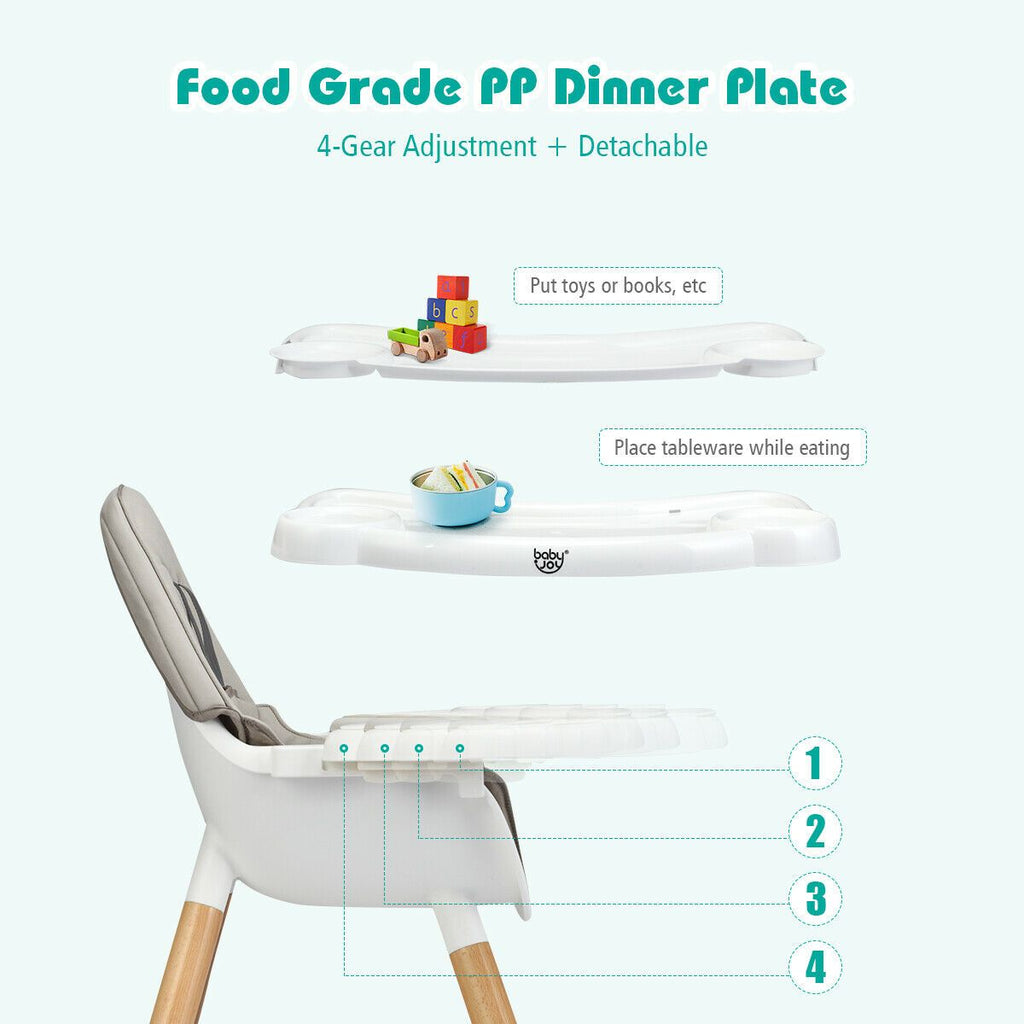 SEDOL 4-in-1 Mid-Century Modern Baby High Chair & Integrated Play Table Set with Solid Beech Legs 5-Point Safety Harness and Adjustable 4-Position Tray
