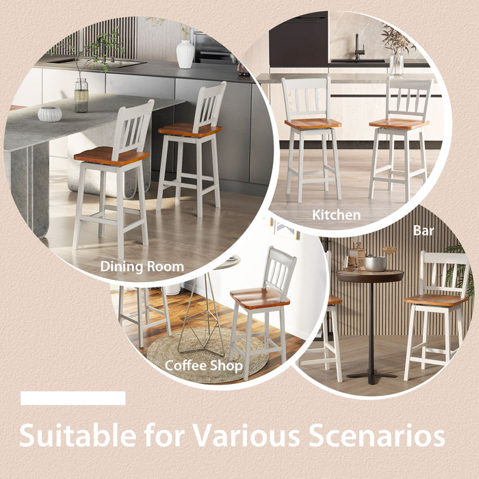 Set of 2 97Cm Swivel Rubber Wood Bar Stools with Backrest and Footrest