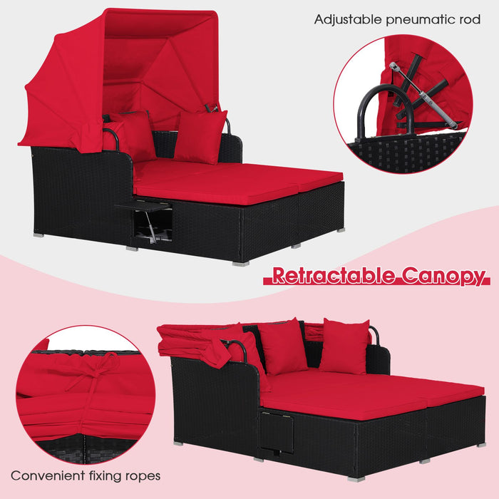 Rattan Daybed with Retractable Canopy, Cushions & Side Trays