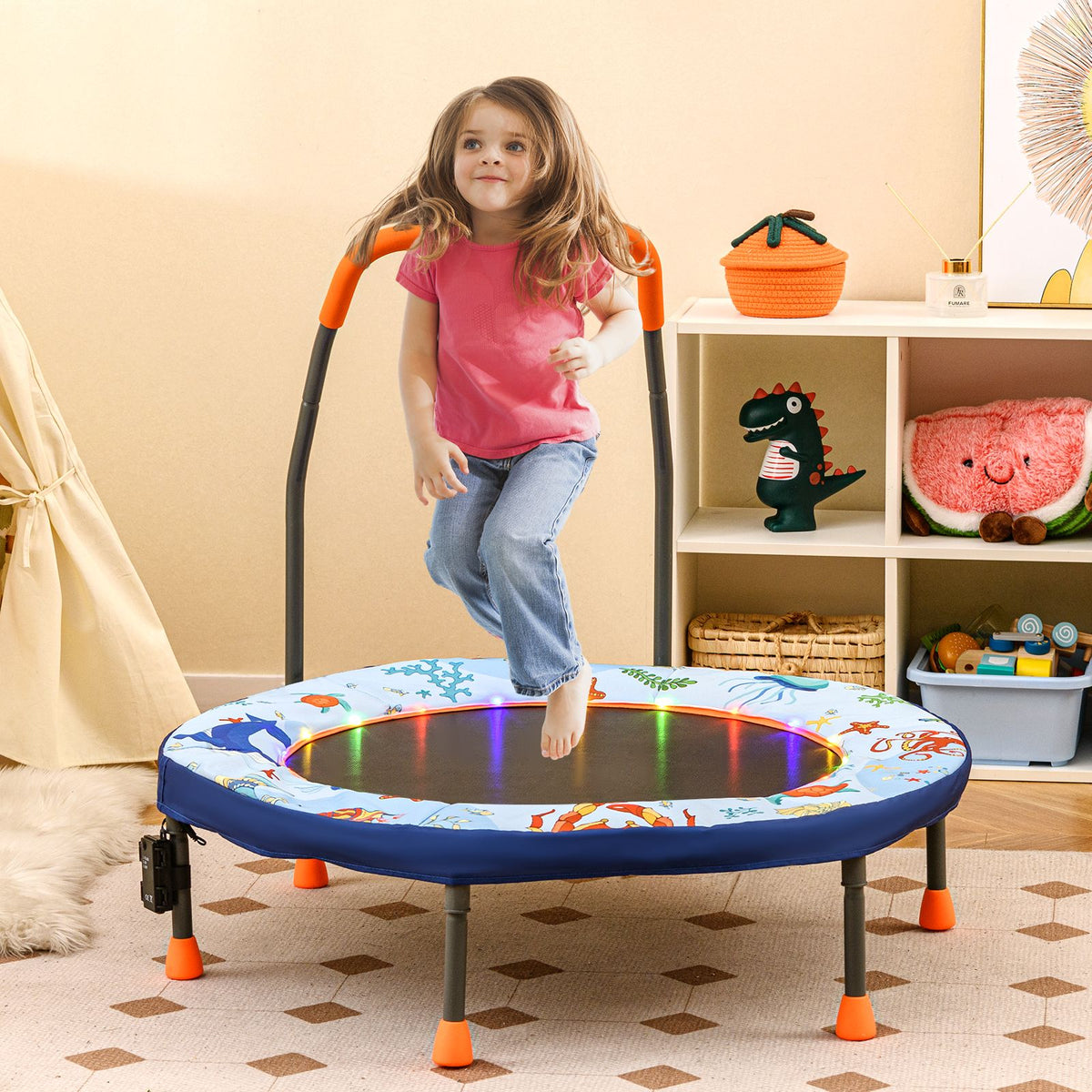 SEDOL 90cm Folding Mini Trampoline for Kids | Silent Springless Rebounder with LED Sensory Lights & Padded Safety Cover | Heavy-Duty Toddler Bouncer with Foam Handle for Indoor and Outdoor Play