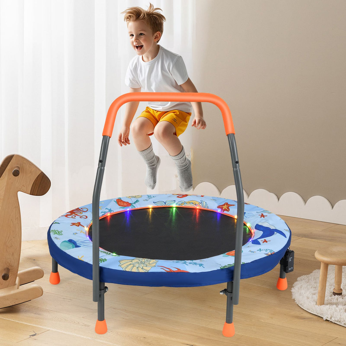SEDOL 90cm Folding Mini Trampoline for Kids | Silent Springless Rebounder with LED Sensory Lights & Padded Safety Cover | Heavy-Duty Toddler Bouncer with Foam Handle for Indoor and Outdoor Play