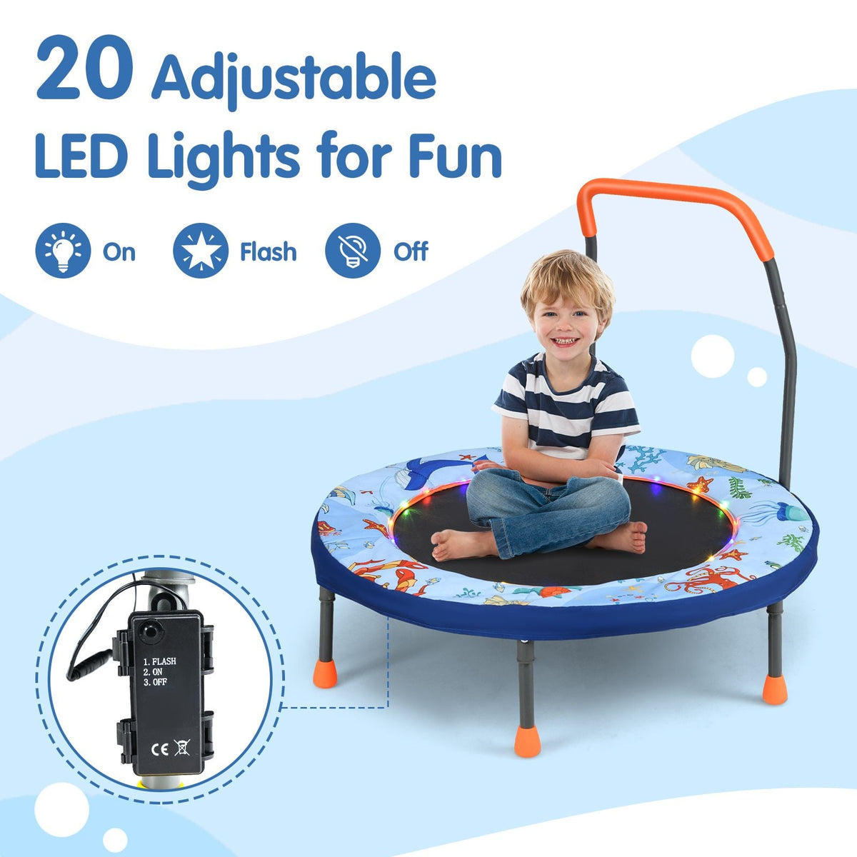 SEDOL 90cm Folding Mini Trampoline for Kids | Silent Springless Rebounder with LED Sensory Lights & Padded Safety Cover | Heavy-Duty Toddler Bouncer with Foam Handle for Indoor and Outdoor Play