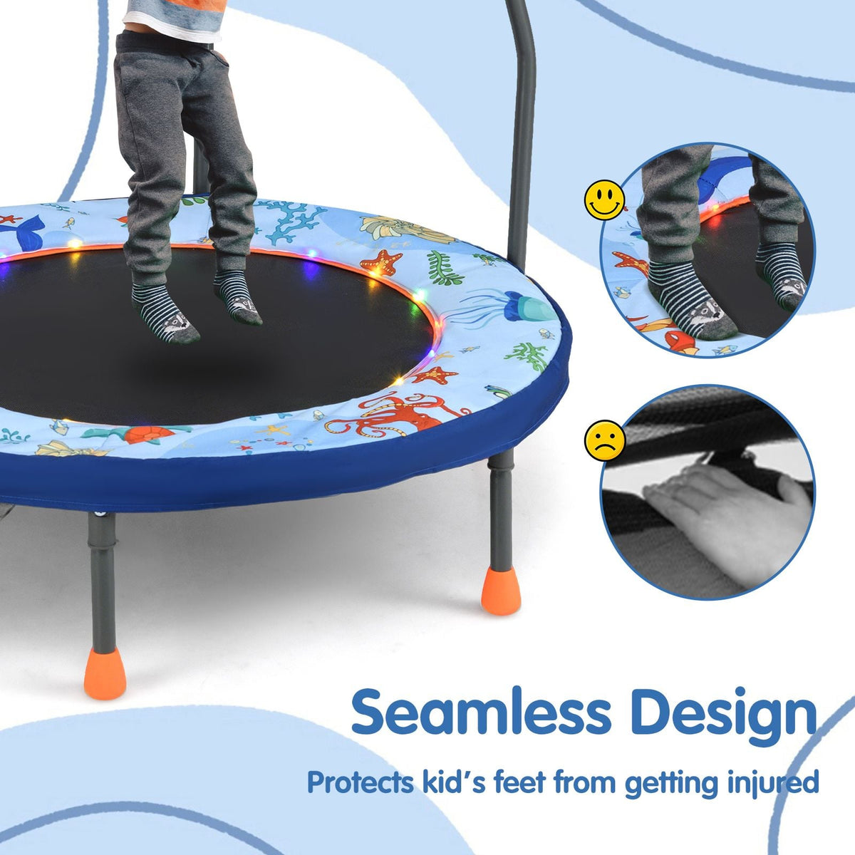 SEDOL 90cm Folding Mini Trampoline for Kids | Silent Springless Rebounder with LED Sensory Lights & Padded Safety Cover | Heavy-Duty Toddler Bouncer with Foam Handle for Indoor and Outdoor Play