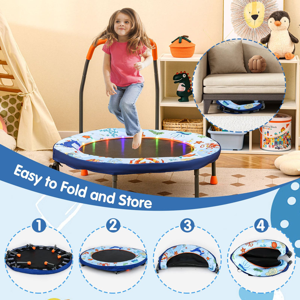 SEDOL 90cm Folding Mini Trampoline for Kids | Silent Springless Rebounder with LED Sensory Lights & Padded Safety Cover | Heavy-Duty Toddler Bouncer with Foam Handle for Indoor and Outdoor Play