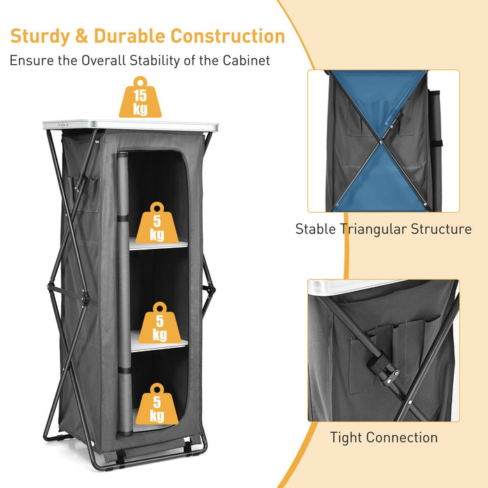 3-Tier Folding Camping Storage Cabinet with Side Pockets and Carry Bag