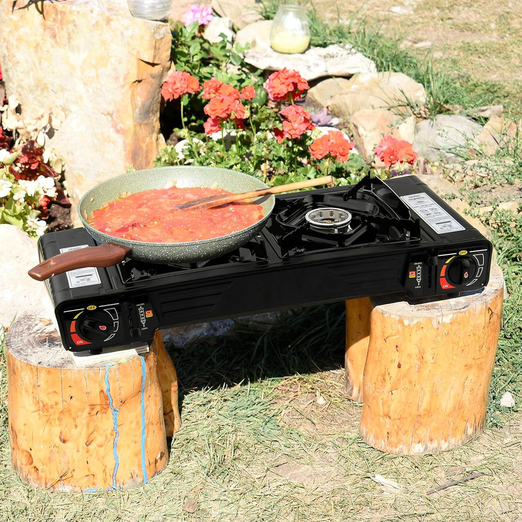 SEDOL 2-Burner Portable Camping Stove | High-Power 5kW Double Gas Cooker with Piezo Ignition | Lightweight Alloy Steel Design with Protective Carry Case for Festivals Camping and Outdoor Cooking