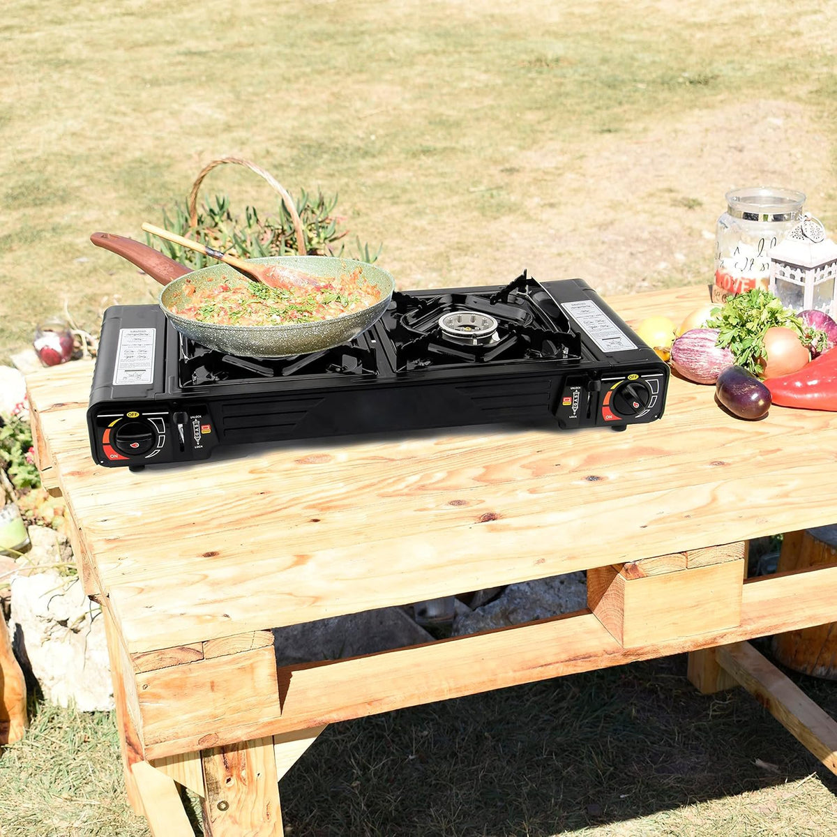 SEDOL 2-Burner Portable Camping Stove | High-Power 5kW Double Gas Cooker with Piezo Ignition | Lightweight Alloy Steel Design with Protective Carry Case for Festivals Camping and Outdoor Cooking