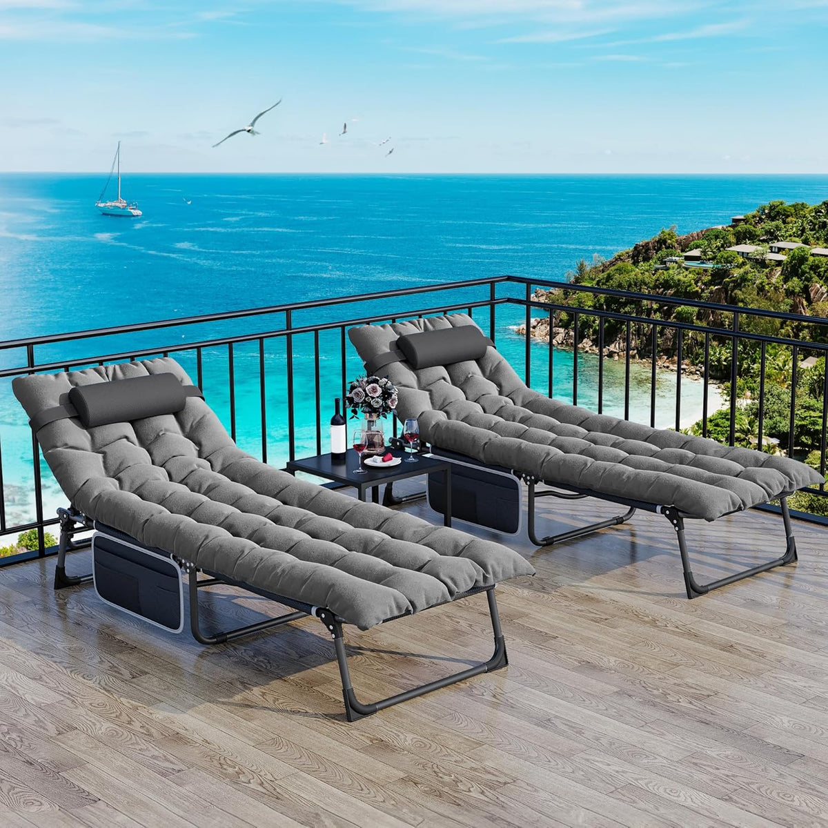 SEDOL Reclining Sun Lounger Set of 2 | 5-Position Adjustable Folding Garden Bed with Sponge-Filled Mattress | Heavy Duty 330lb Capacity Sunbeds with Headrest and Side Storage Pocket Gray