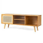 Bamboo Entertainment Center with Rattan and Tempered Glass Sliding Doors