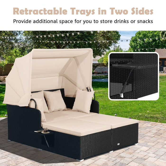 Rattan Daybed with Retractable Canopy, Cushions & Side Trays