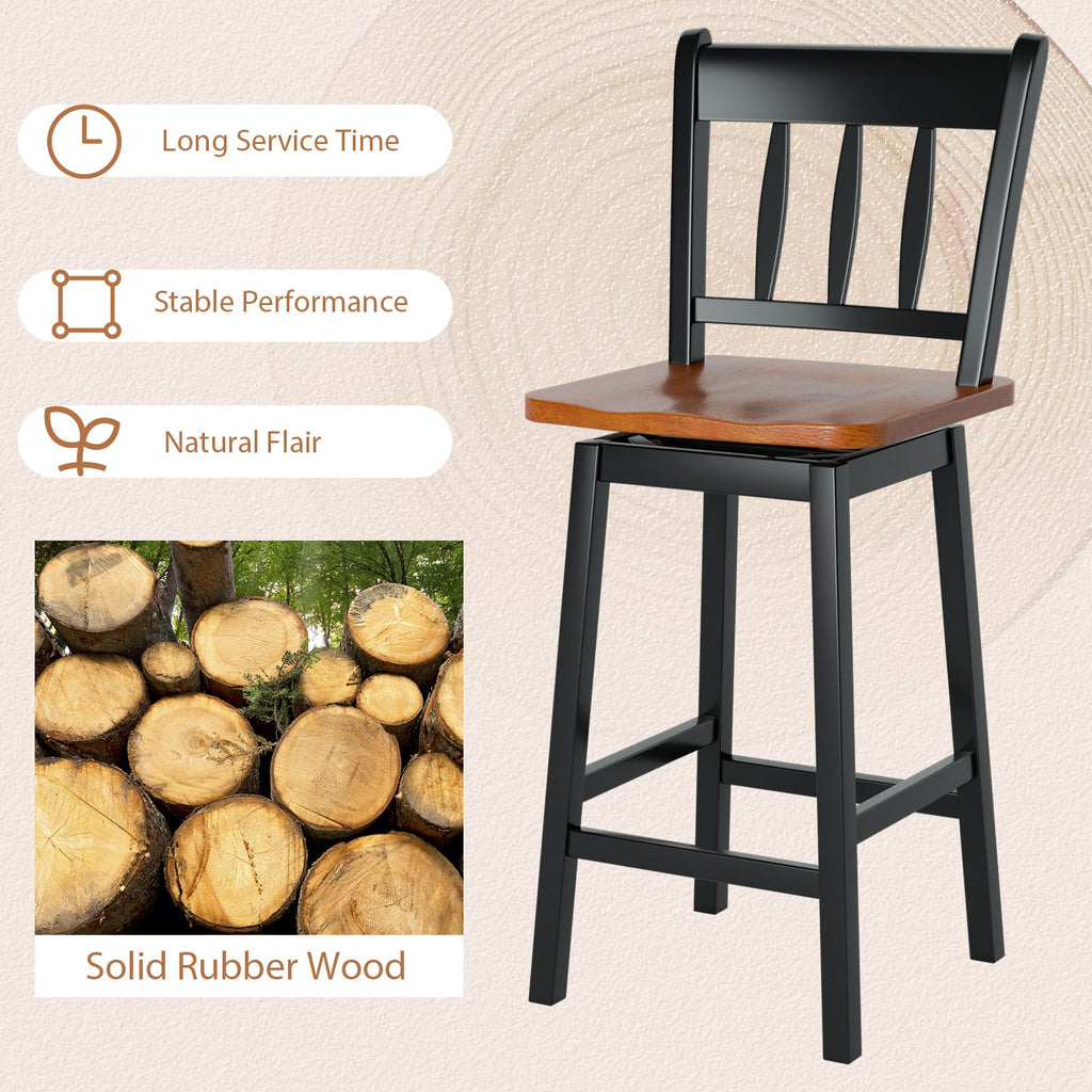 Set of 2 97Cm Swivel Rubber Wood Bar Stools with Backrest and Footrest