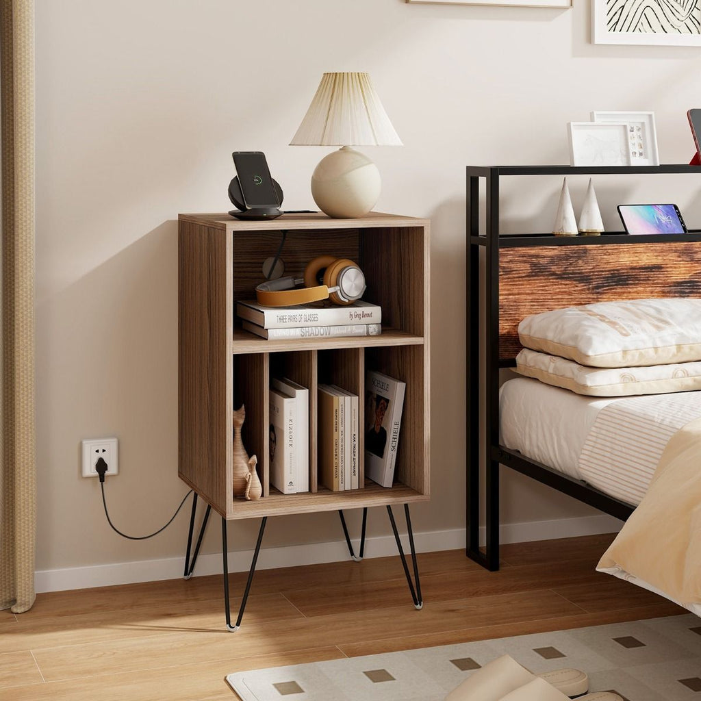 3-Tier Record Player Stand with Charging Station Shelf and 4 Dividers