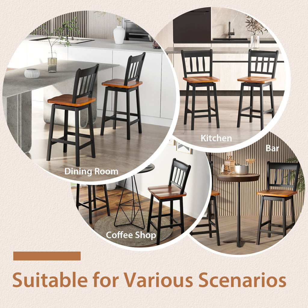 Set of 2 97Cm Swivel Rubber Wood Bar Stools with Backrest and Footrest