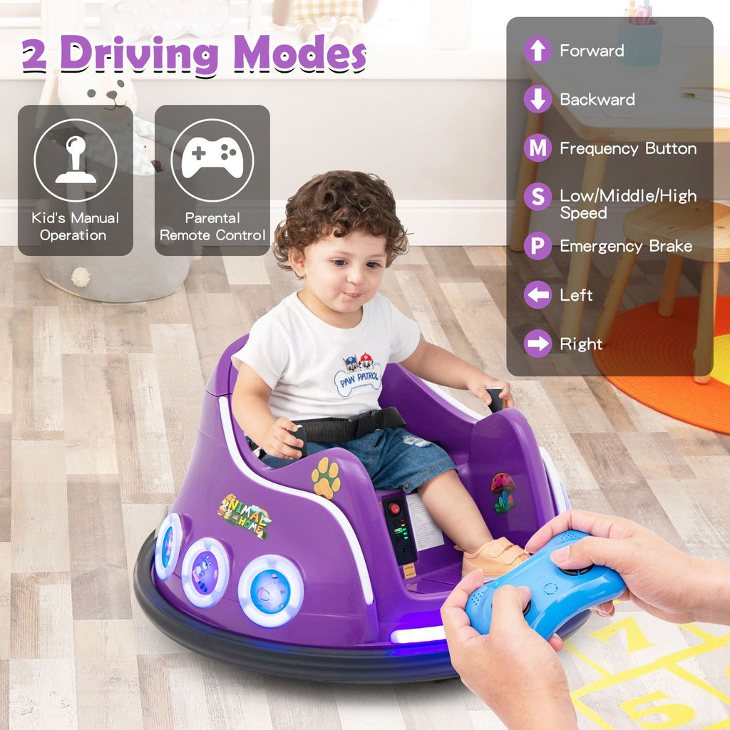 SEDOL 12V High-Performance Kids Bumper Car with 360° Rotation Parental Remote Control Wireless Bluetooth Audio and LED Light Show – 30kg Capacity