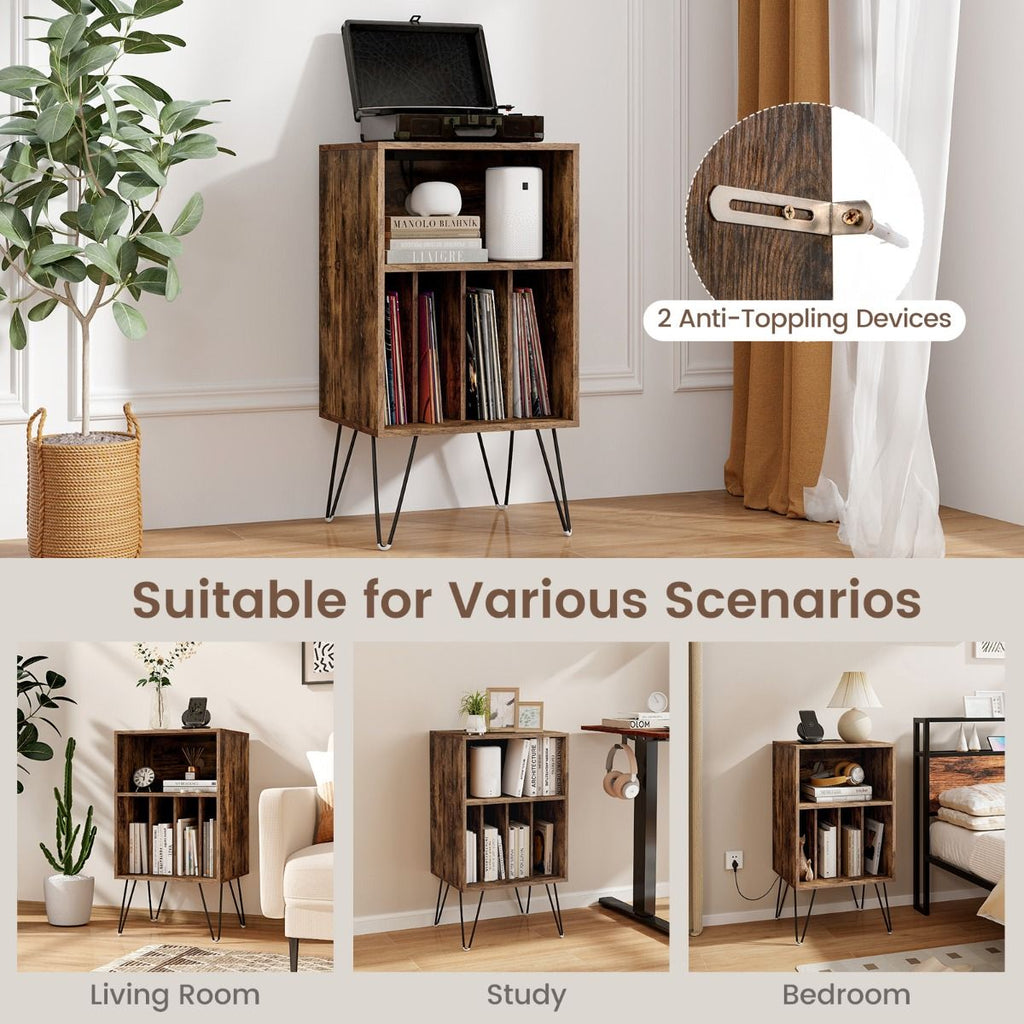 3-Tier Record Player Stand with Charging Station Shelf and 4 Dividers