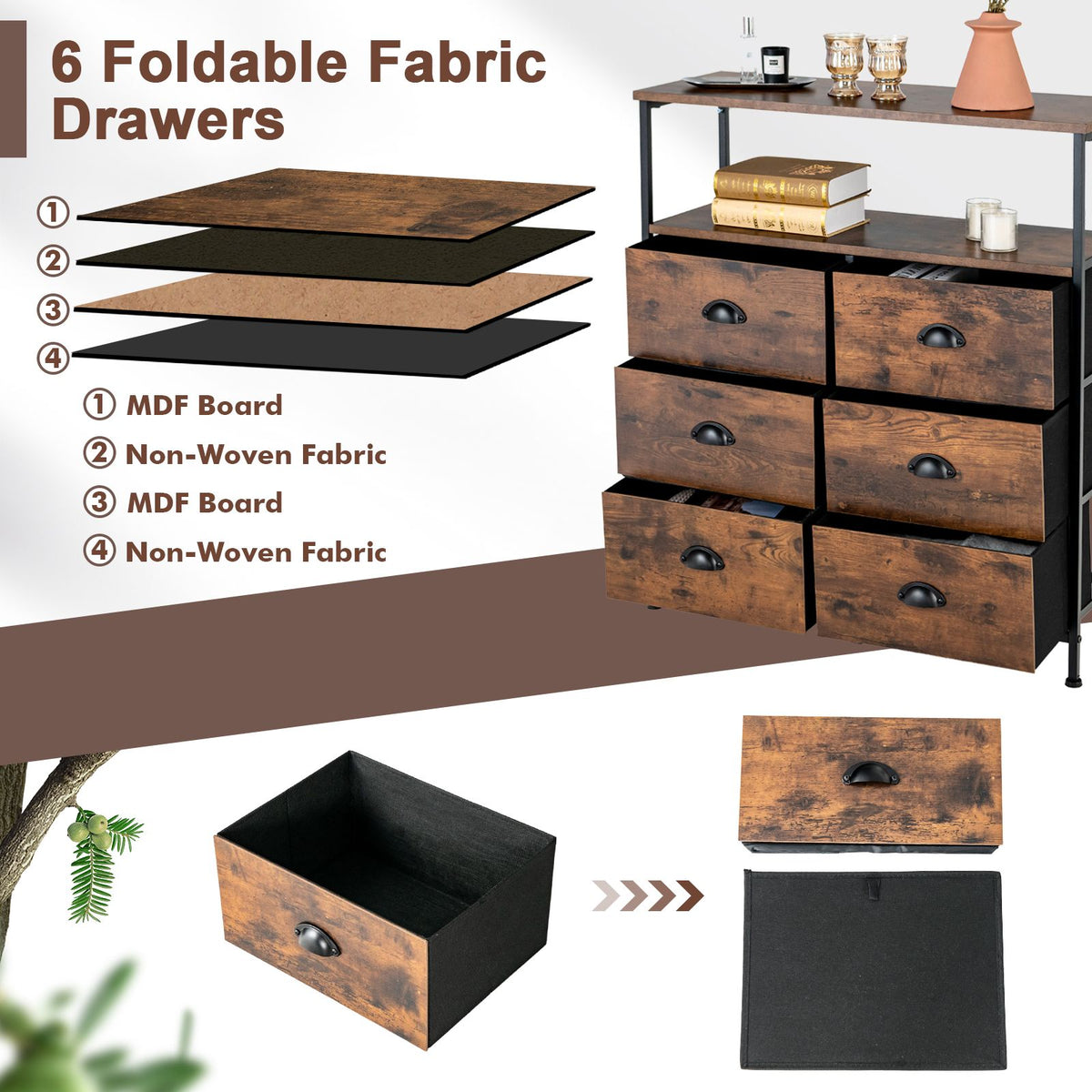 2-Tier Dresser with 6 Removable Fabric Drawers and Wooden Top