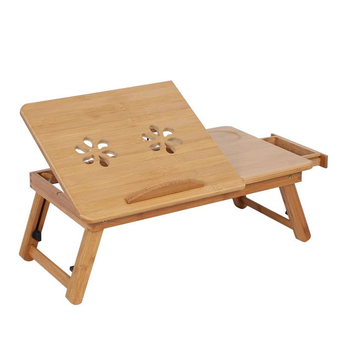 Bamboo Bed Laptop Desk – Adjustable Foldable Lap Desk with Drawer, Cup Holder & Ventilation