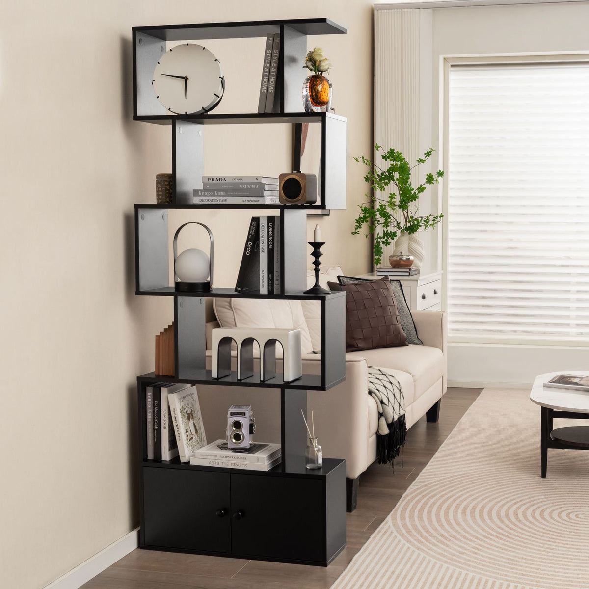 Industrial S-Shaped 5-Tier Bookcase with Cabinet