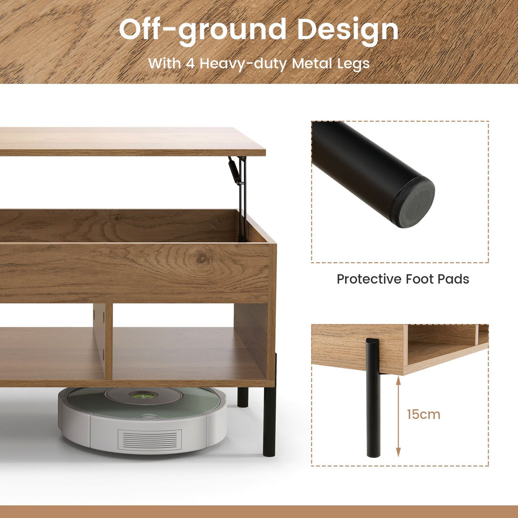 Lift Top Coffee Table with Large Hidden Compartment and 3 Open Cubbies