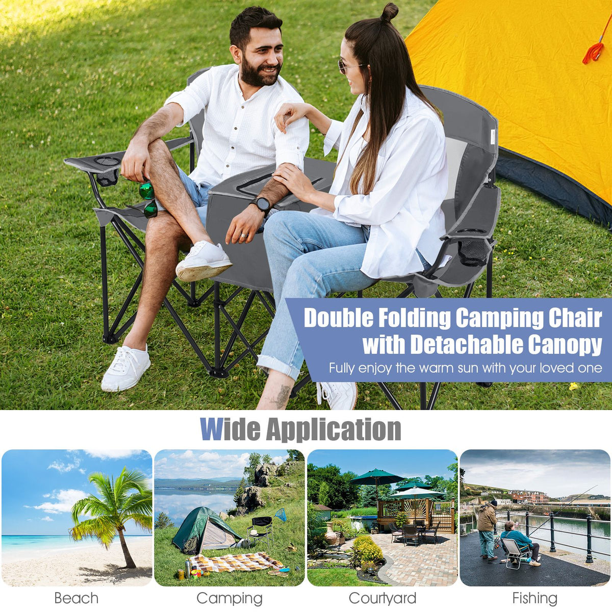 Double Folding Camping Chair with Canopy and Armrests