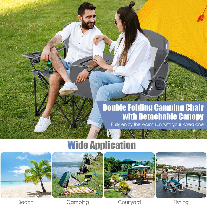 Double Folding Camping Chair with Canopy and Armrests