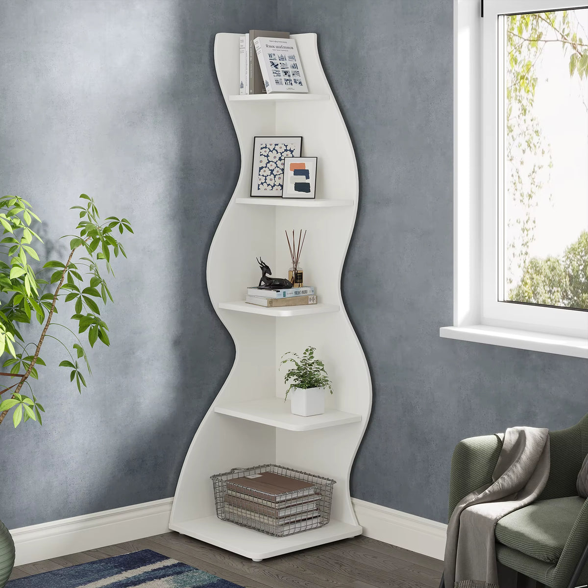 SEDOL Corner Shelf 5-Tier Modern Wall Bookshelf Stylish Tall Corner Storage Rack Small White Bookcase Plant Stand for Living Room Bedroom Office Space Saving