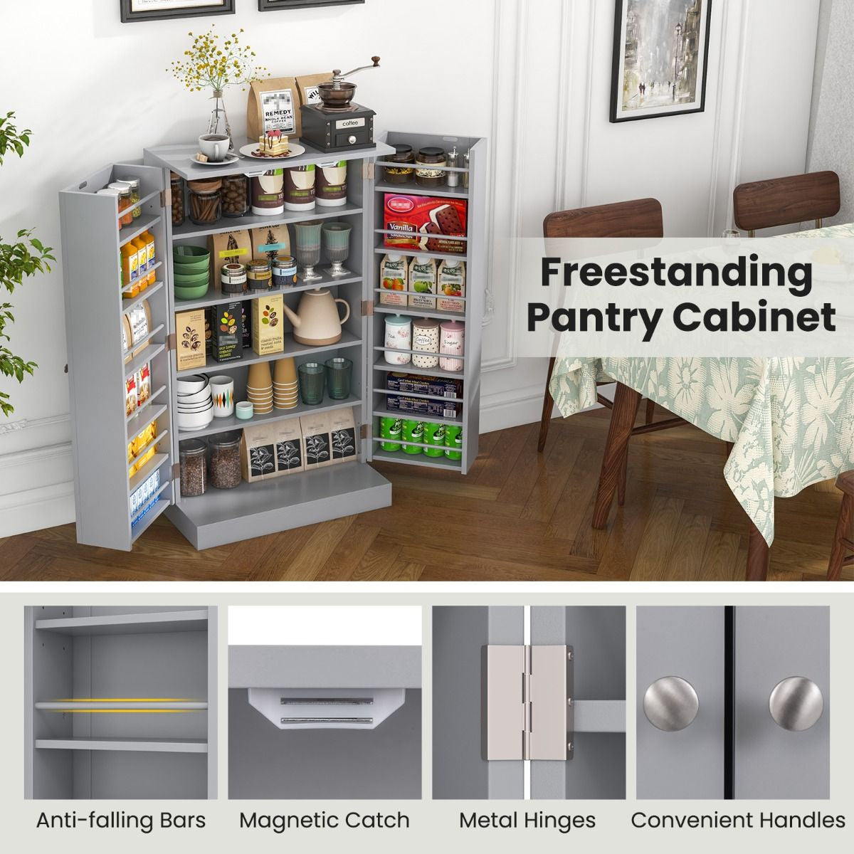 2-Door Pantry Cabinet with 6 Adjustable Shelves