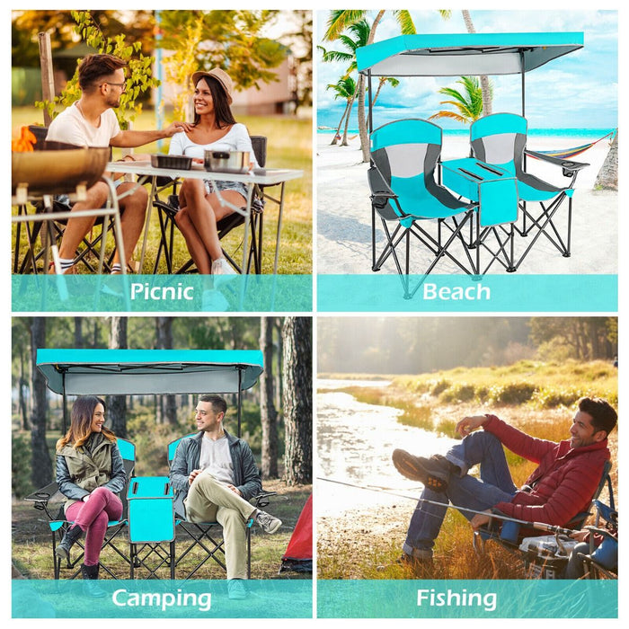 Double Folding Camping Chair with Canopy and Armrests