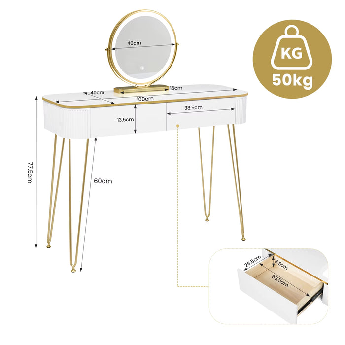 SEDOL White Dressing Table with Gold Metal Legs and LED Lighted Mirror Modern Vanity Desk with 2 Solid Wood Drawers Makeup Table for Elegant Bedroom Decor