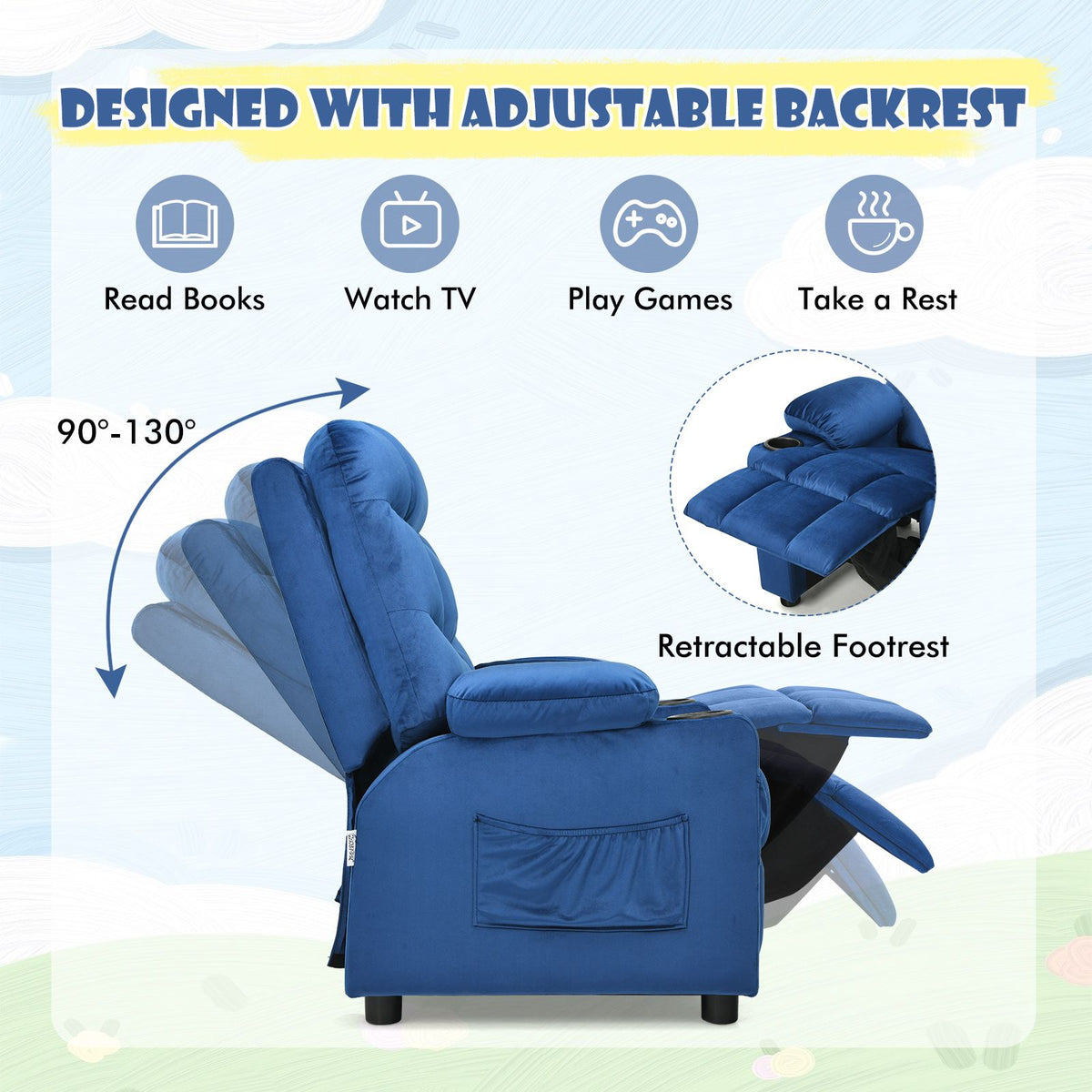 SEDOL Deluxe Larger Kids Recliner Armchair with Dual Cup Holders and Storage Pockets Premium Velvet Children’s Lounge Chair with 130° Adjustable Backrest & Pine Wood Frame